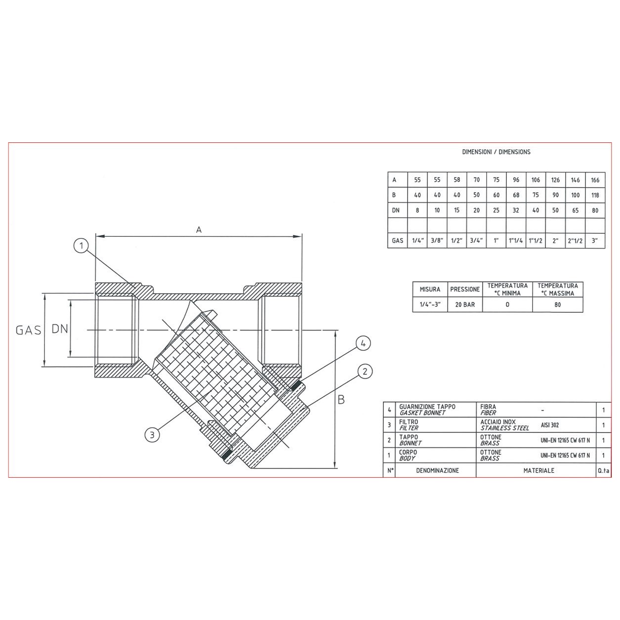 Italy messing vuilvanger type 100, 2 x 2" bi.dr. PN20, zeef RVS / AISI 302, 500 µm