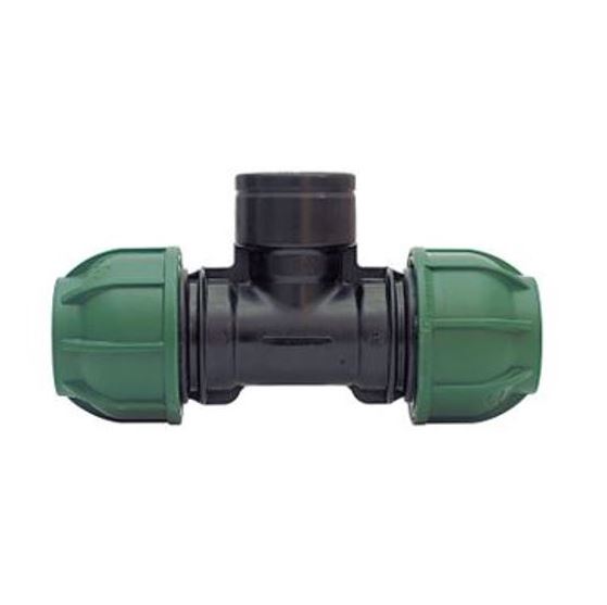 Stadex PP, Irrigatie PE klemkoppeling, T-stuk 90°, 2 x klem x 1 x BSP bi.dr., PN10, groen