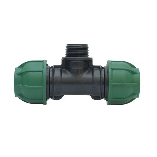 Stadex PP, Irrigatie PE klemkoppeling, T-stuk 90°, 2 x klem x 1 x BSP bu.dr., PN10, groen