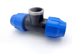 BLULINE PLUS PP, Drinkw. PE klemkoppeling, T-stuk 90°, 2 x klem x 1 x BSP bi.dr.,PN16, Kiwa, WRAS keur