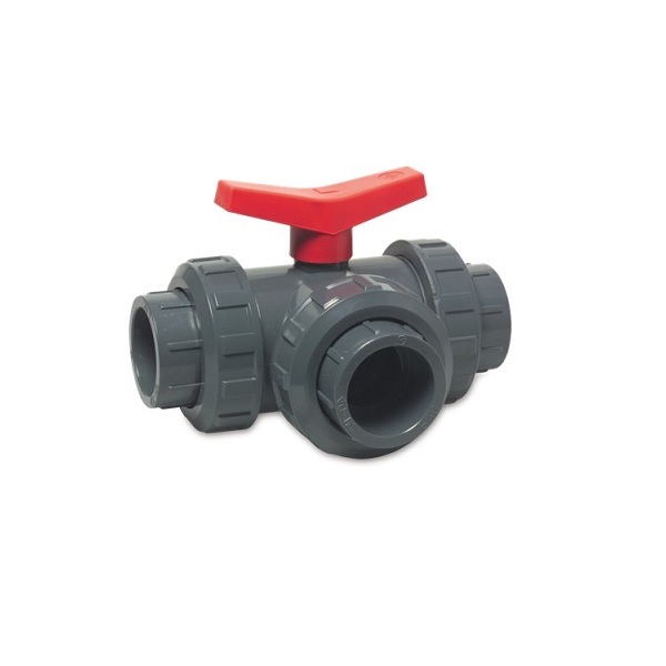 CH PVC-U 3-weg kogelkraan T-boring, 3 x wartel, EPDM dichting, PN10