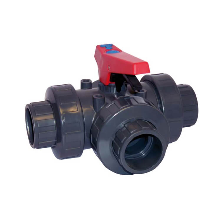 Cepex PVC-U 3-weg kogelkraan, PN10 3 x lijmsol, L-boring, Kogelafdichting, PTFE, O-ring EPDM