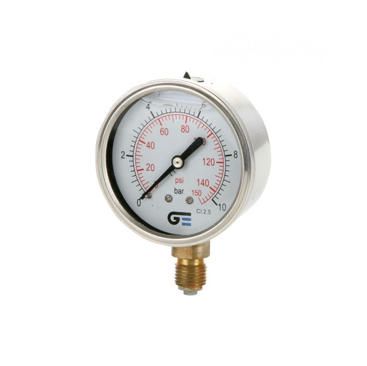 Manometer, drukmeter, nat / glycerine gevuld, OA, 1/4" messing bu. dr. NPT