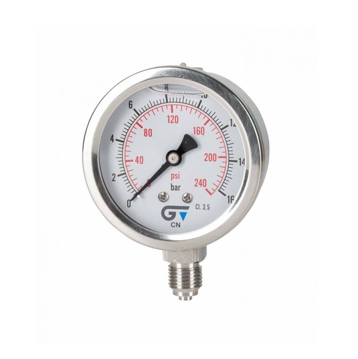 Manometer, drukmeter, nat / glycerine gevuld, AA, 1/4" messing bu. dr. BSP
