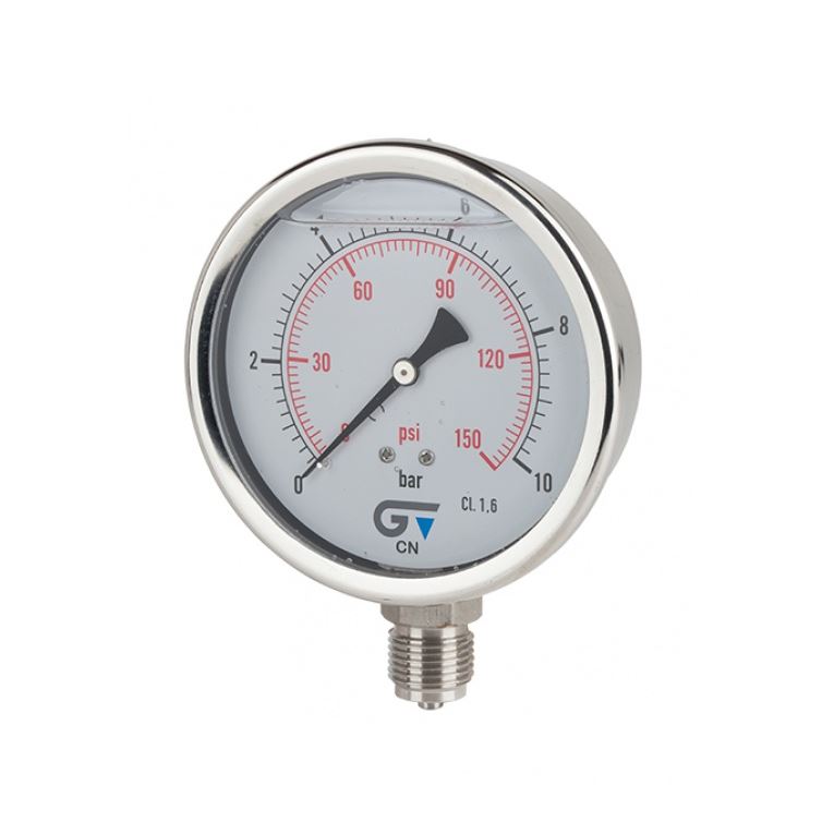 Manometer, drukmeter, nat / glycerine gevuld, OA, 1/2" RVS bu. dr. BSP