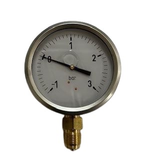 Manometer, RVS 304, glycerine gevuld, diam. 100 mm, 1/2" Messinhg bu. dr., -1 - 3.0 bar, OA