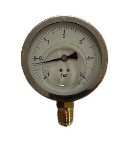 Manometer, RVS 304, glycerine gevuld, diam. 100 mm, 1/2" Messinhg bu. dr., -1 - 3.0 bar, OA