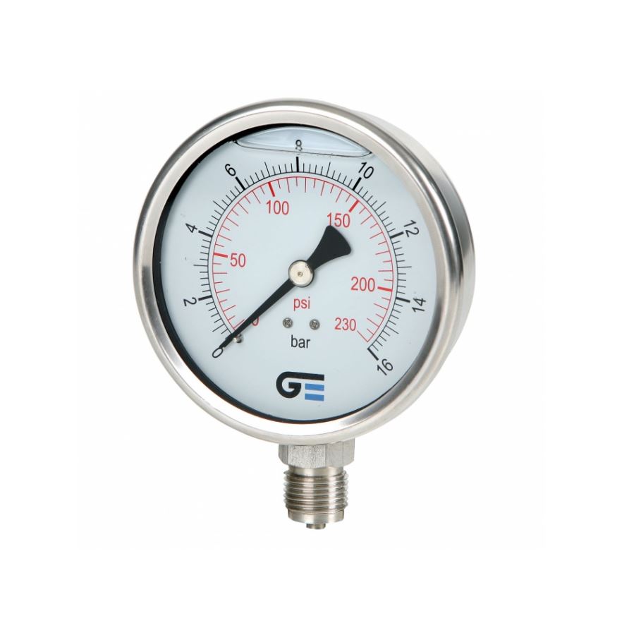 Manometer, drukmeter, nat / glycerine gevuld, OA, 1/2" NPT RVS bu. dr. NPT