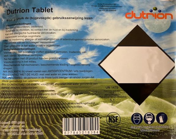 Dutrion Chlorine Dioxide tabletten, verp. per pak 25 tabletten (20 gram per stuk), per emmer 10 pakken, prijs per pak