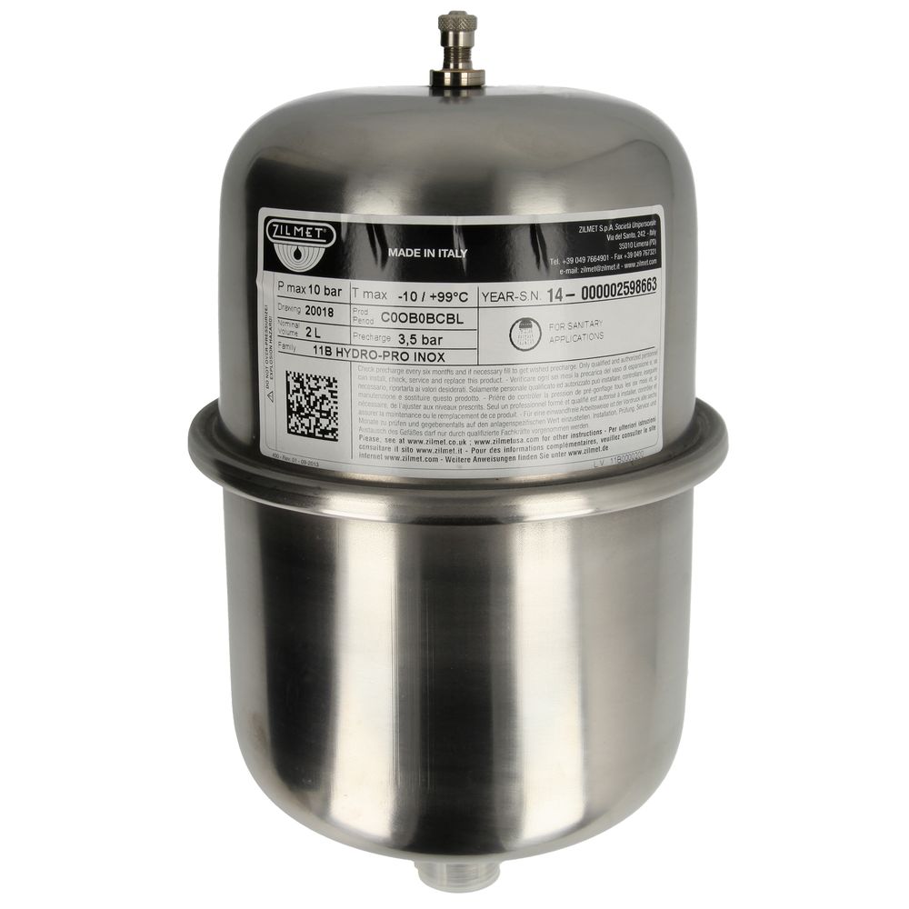 Zilmet membraantank, inh. 2 ltr., verticaal, RVS 304, bu.dr., PN10, - 10 / + 99°C