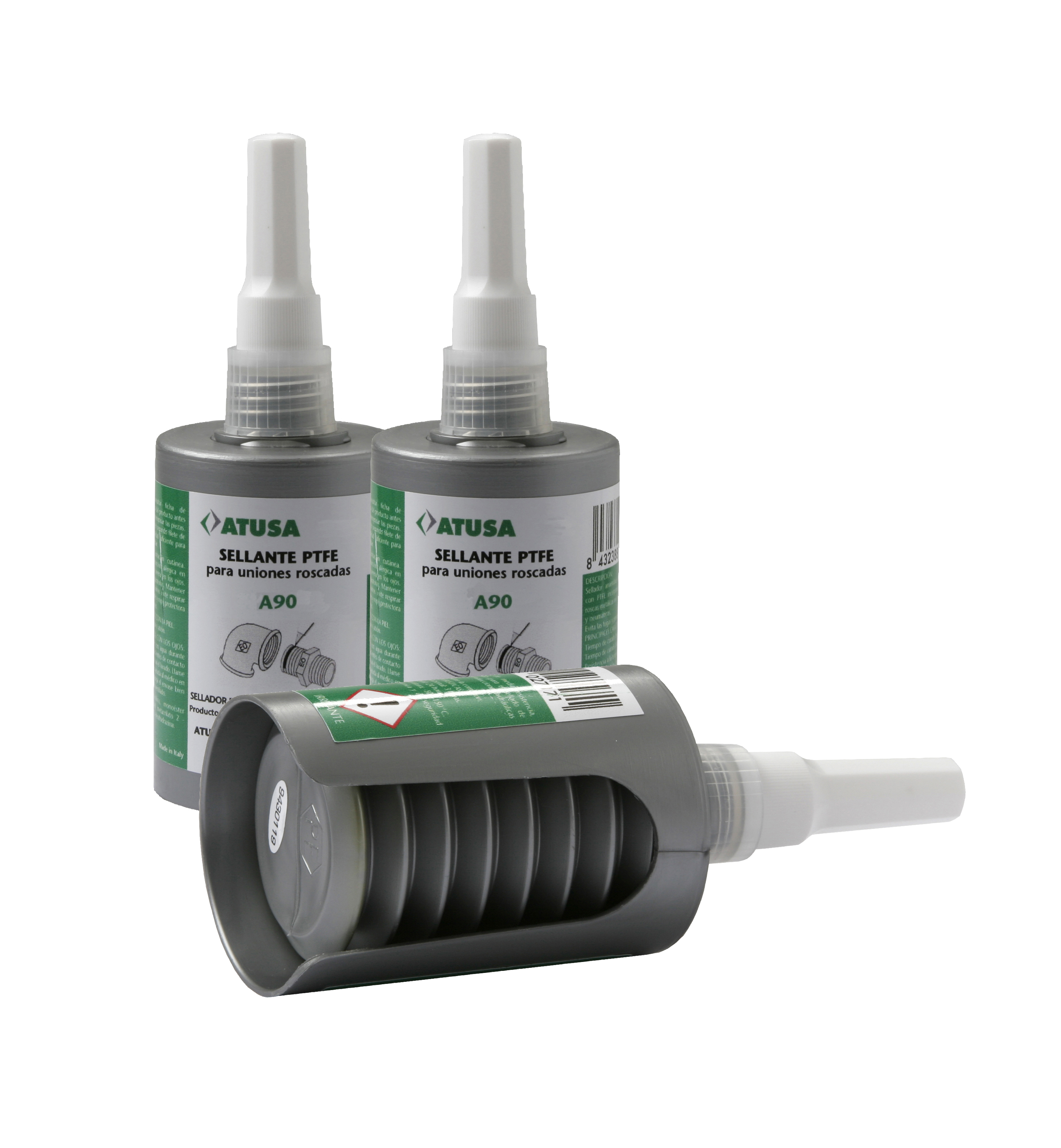 Atusa A90, Anaerobe vloeibare PTFE, schroefdraadafd. / borgmiddel, Vloeistof, Lucht, Gas, DVGW keur, voor metalen leidingen, tol. max. 0.35 mm, inh. 50 ml.