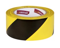 PVC Vloermarkering Tape, Geel/Zwart, B = 50 mm, D = 0,15 mm, rollengte 33 mtr.