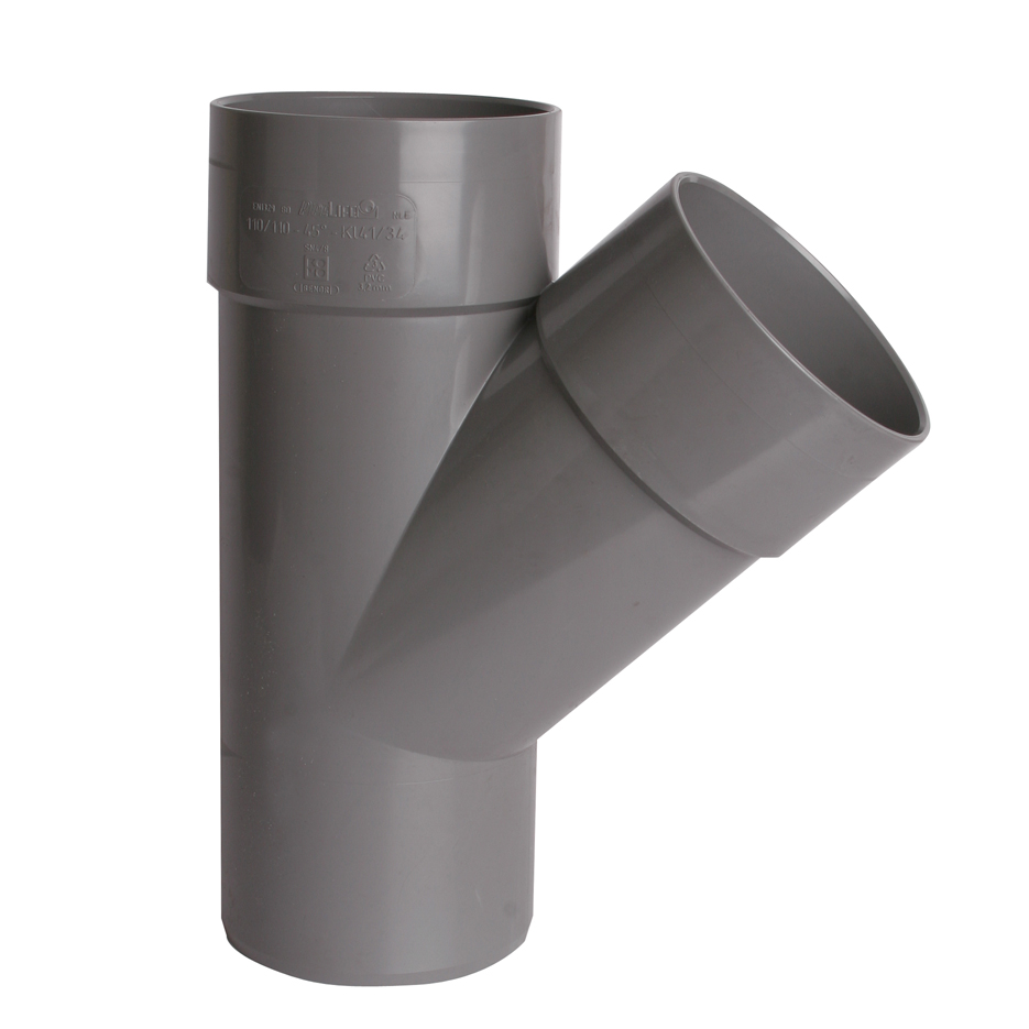 PVC-U binnenriolering lijm T-stuk, 45°, 2 x M/S, grijs