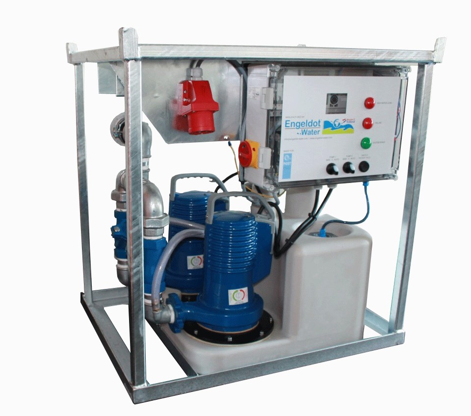Duplo Waste water Booster Pomp set type SN400T 2 x1,5 kW, met snijdwerk, Plug & Play in stapelbaar frame, 400VAC, 50Hz